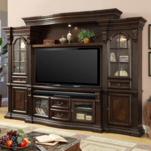 très grand armoire en bois sombre, avec un espace télé